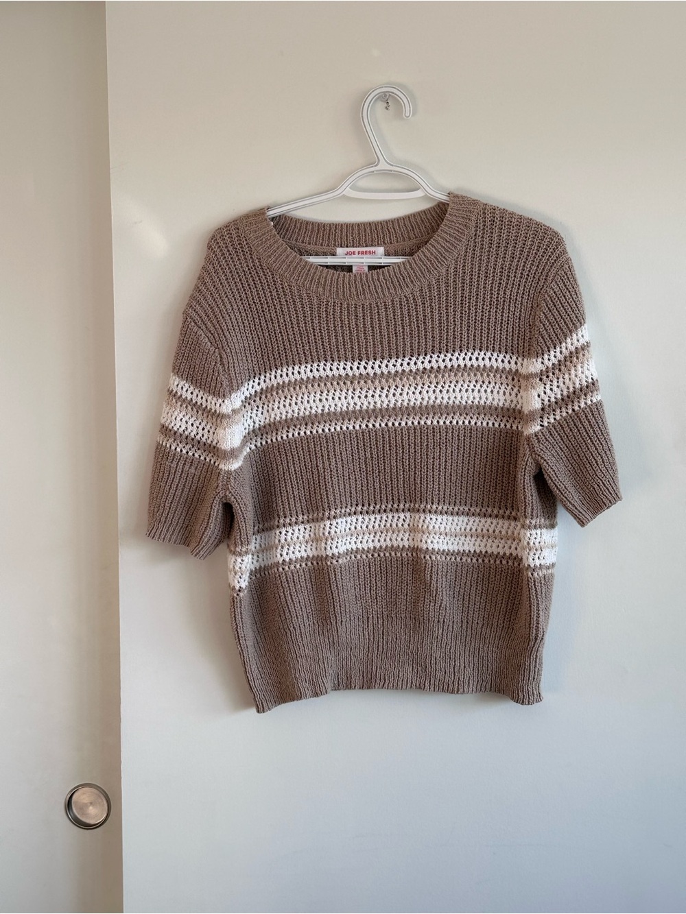 Joe Fresh Taupe and White Short-Sleeve Crewneck Sweater